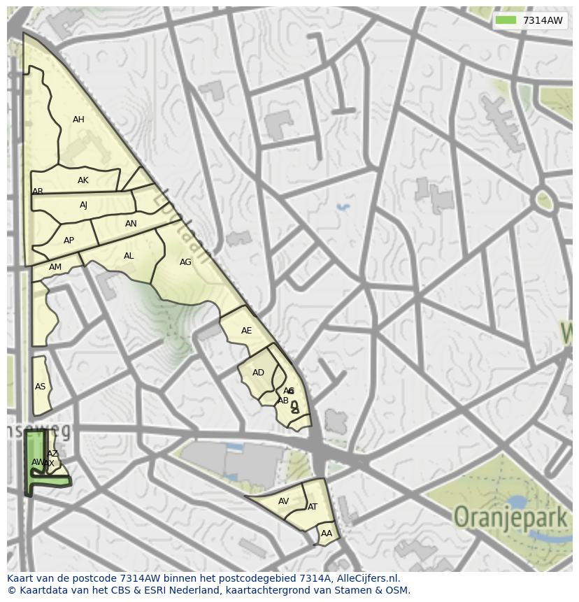 Afbeelding van het postcodegebied 7314 AW op de kaart.