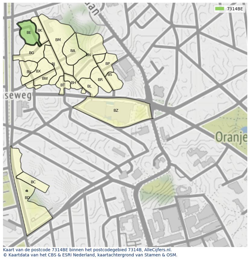 Afbeelding van het postcodegebied 7314 BE op de kaart.