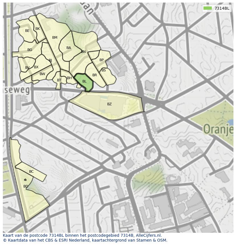 Afbeelding van het postcodegebied 7314 BL op de kaart.