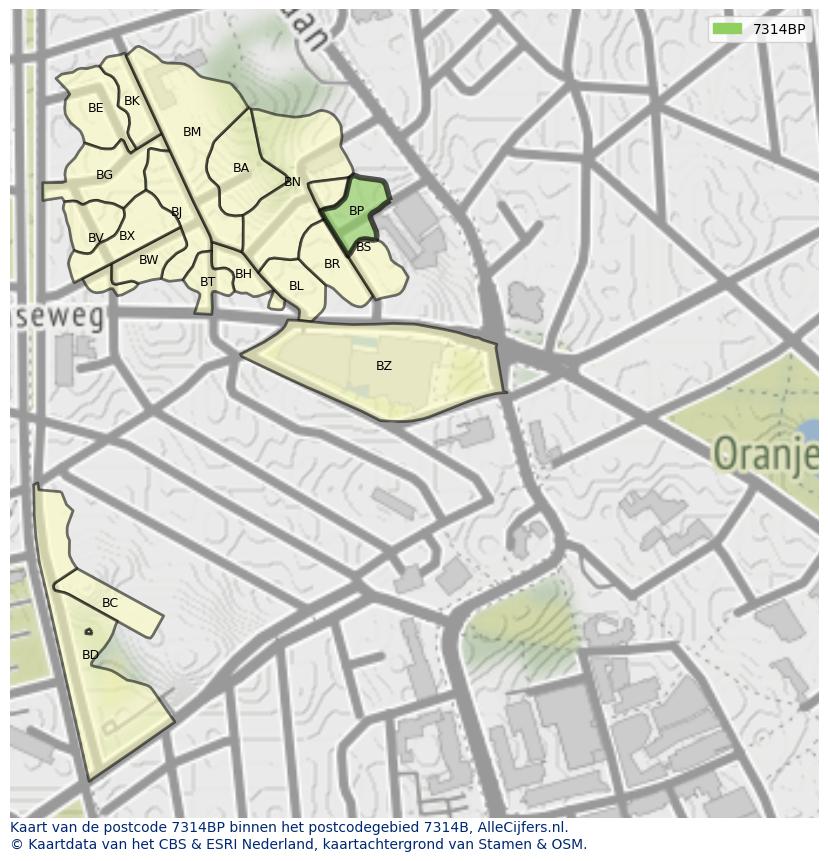 Afbeelding van het postcodegebied 7314 BP op de kaart.