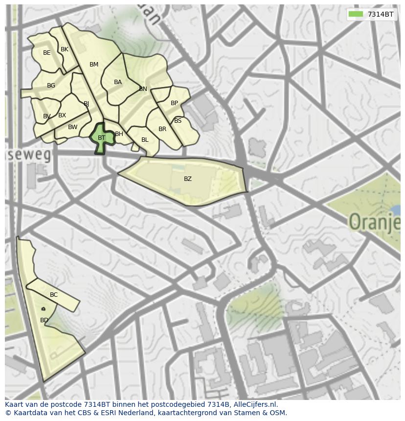 Afbeelding van het postcodegebied 7314 BT op de kaart.