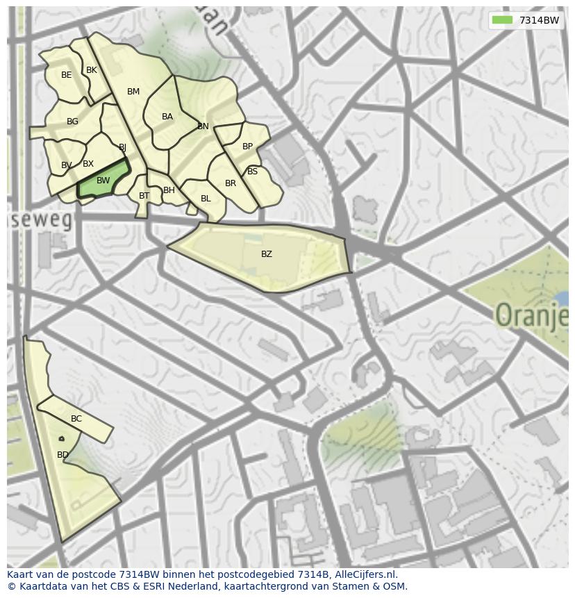Afbeelding van het postcodegebied 7314 BW op de kaart.