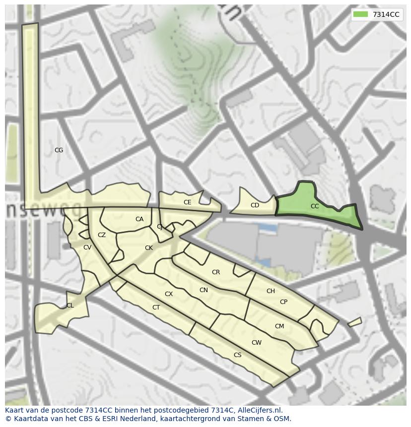 Afbeelding van het postcodegebied 7314 CC op de kaart.