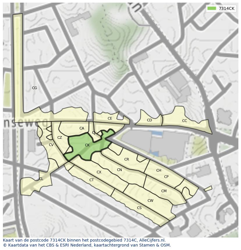 Afbeelding van het postcodegebied 7314 CK op de kaart.