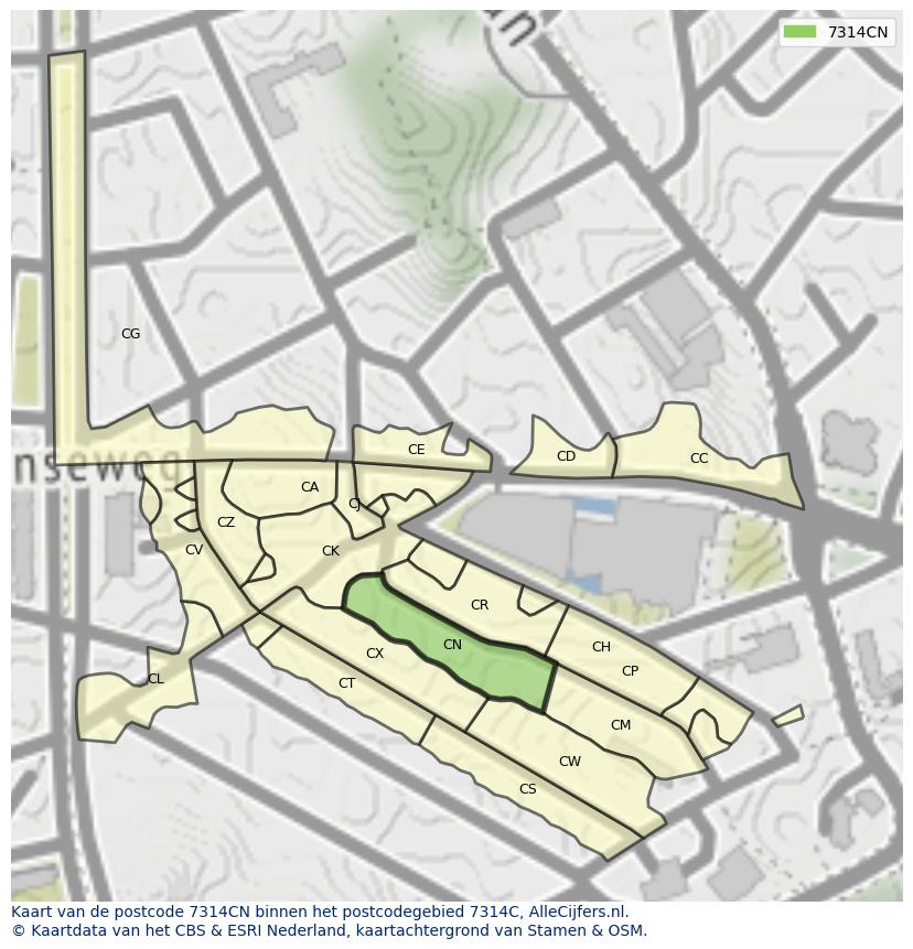 Afbeelding van het postcodegebied 7314 CN op de kaart.