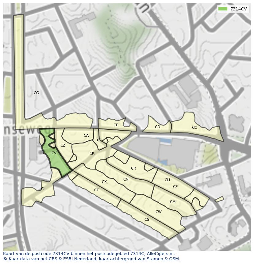 Afbeelding van het postcodegebied 7314 CV op de kaart.