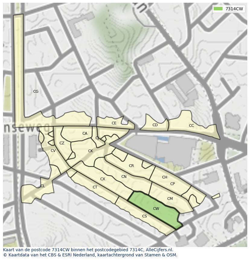 Afbeelding van het postcodegebied 7314 CW op de kaart.