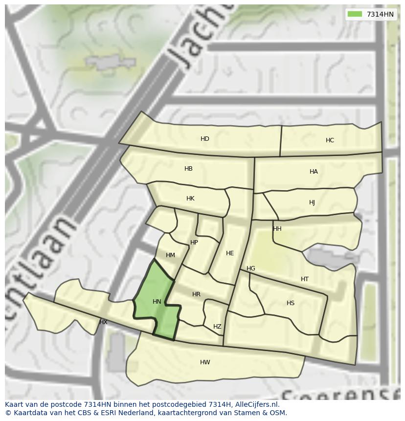 Afbeelding van het postcodegebied 7314 HN op de kaart.
