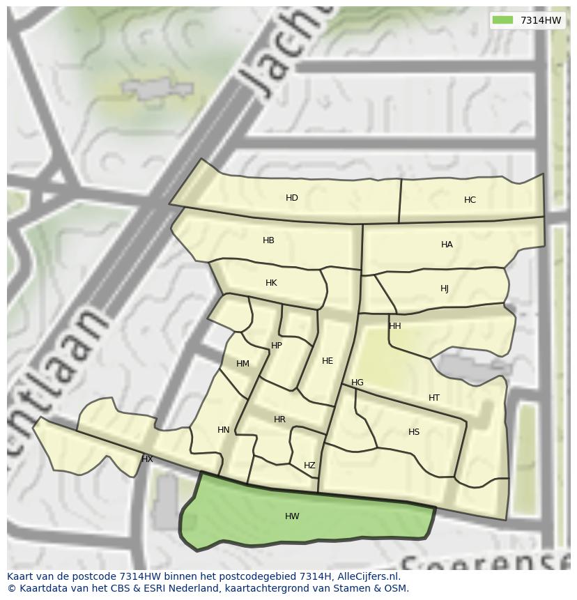 Afbeelding van het postcodegebied 7314 HW op de kaart.