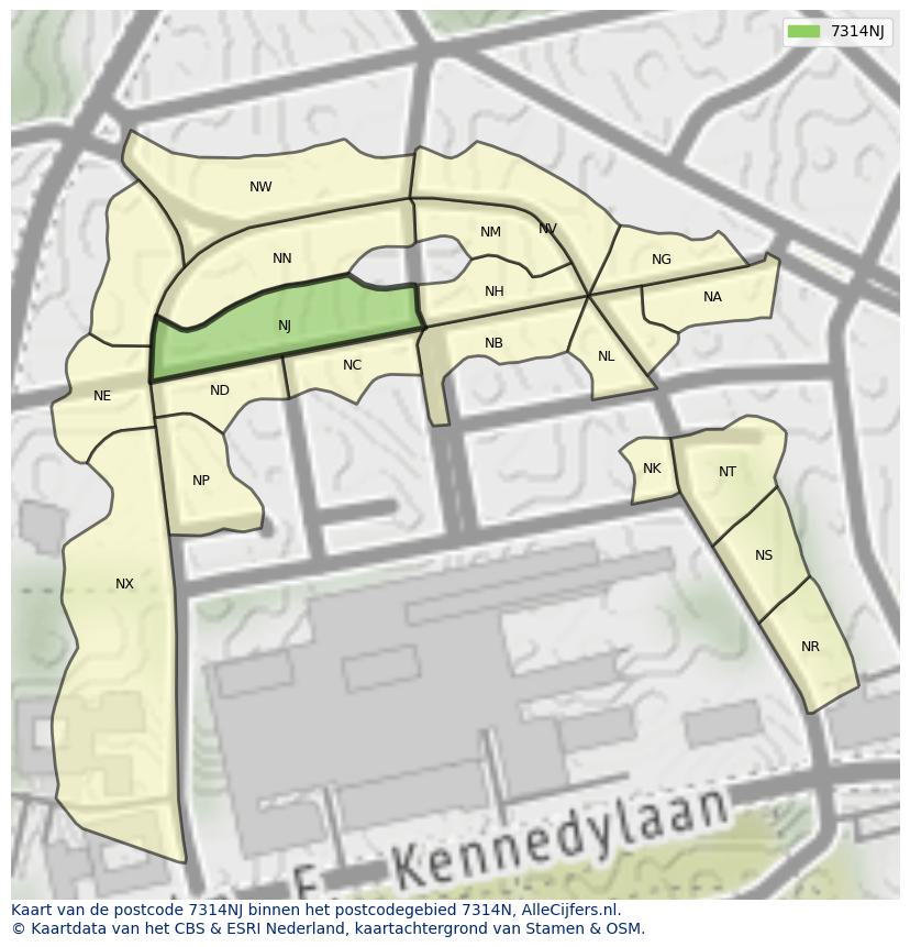 Afbeelding van het postcodegebied 7314 NJ op de kaart.