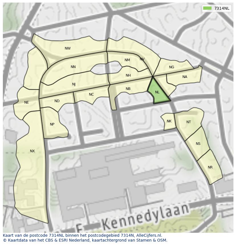 Afbeelding van het postcodegebied 7314 NL op de kaart.