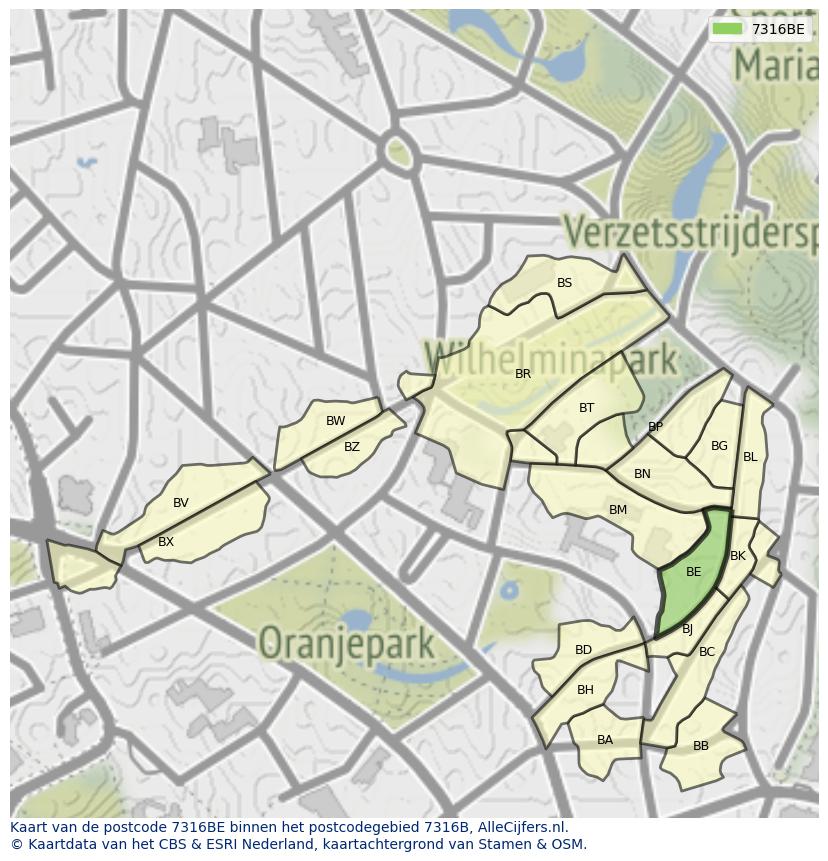 Afbeelding van het postcodegebied 7316 BE op de kaart.