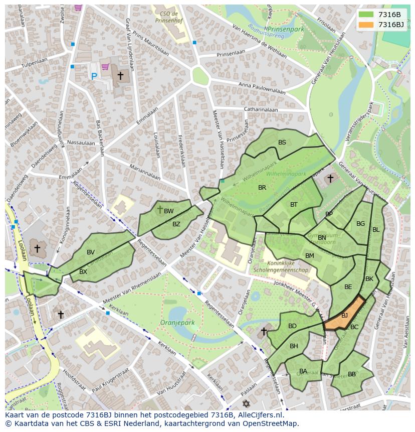 Afbeelding van het postcodegebied 7316 BJ op de kaart.