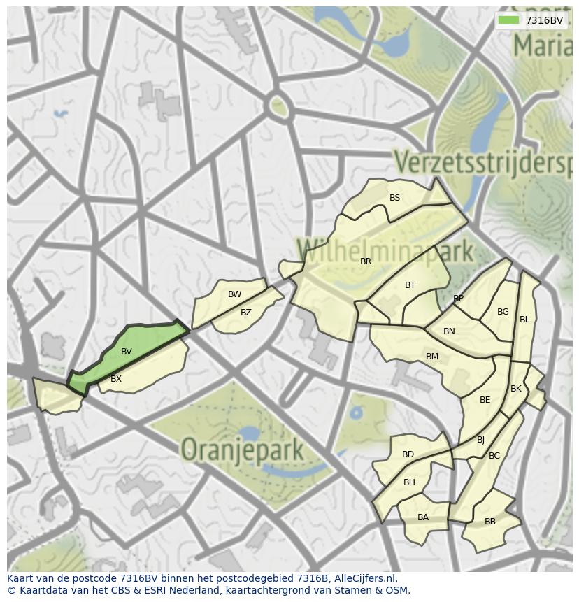 Afbeelding van het postcodegebied 7316 BV op de kaart.