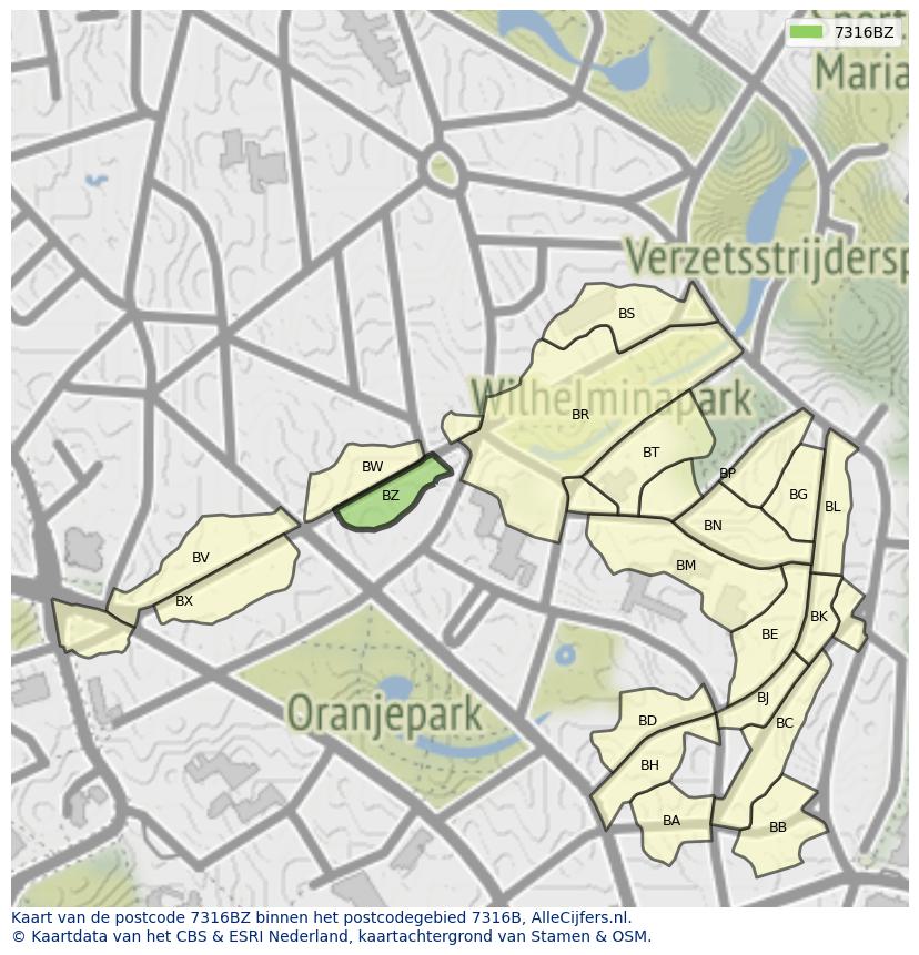 Afbeelding van het postcodegebied 7316 BZ op de kaart.