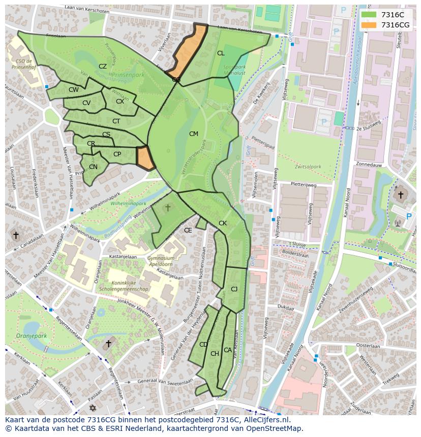 Afbeelding van het postcodegebied 7316 CG op de kaart.