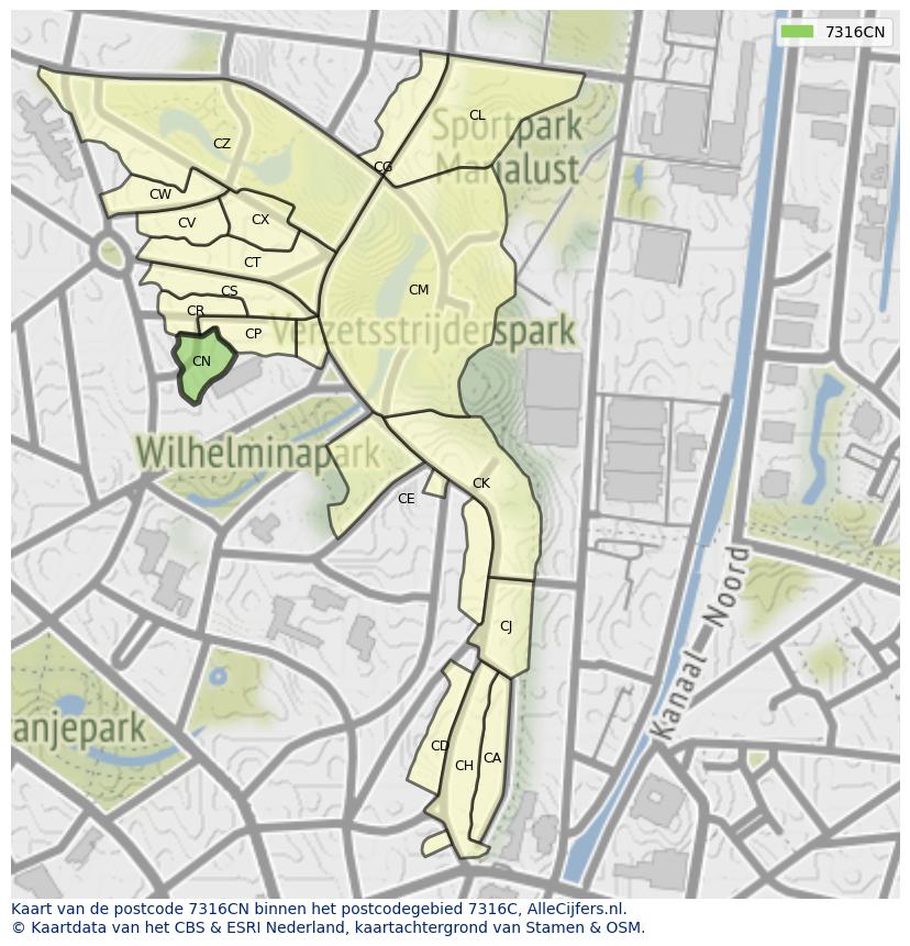 Afbeelding van het postcodegebied 7316 CN op de kaart.
