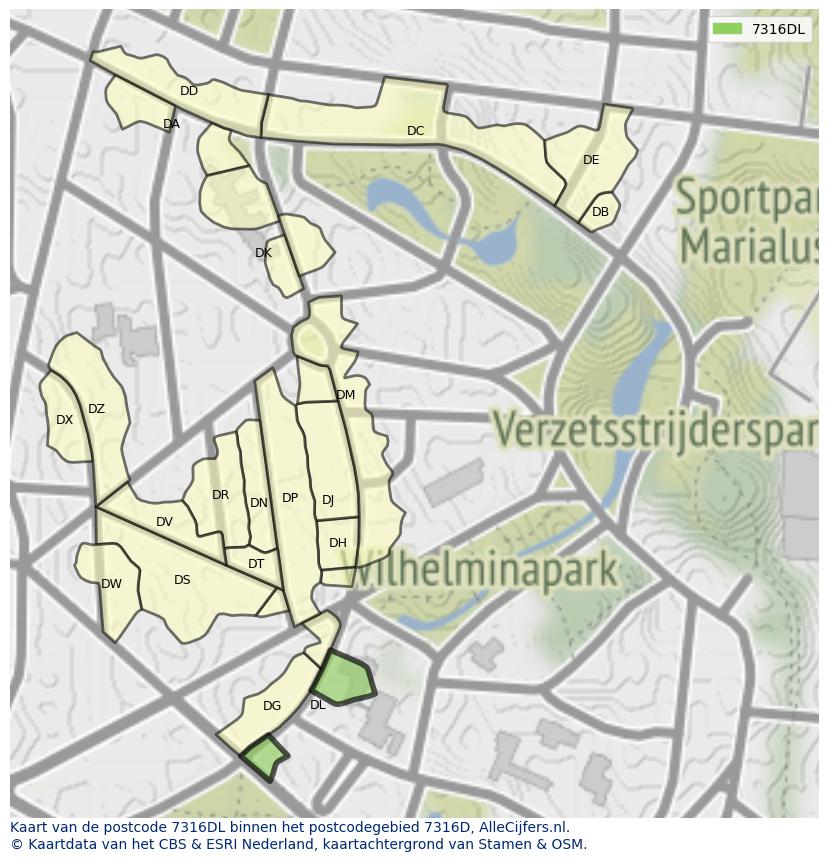 Afbeelding van het postcodegebied 7316 DL op de kaart.