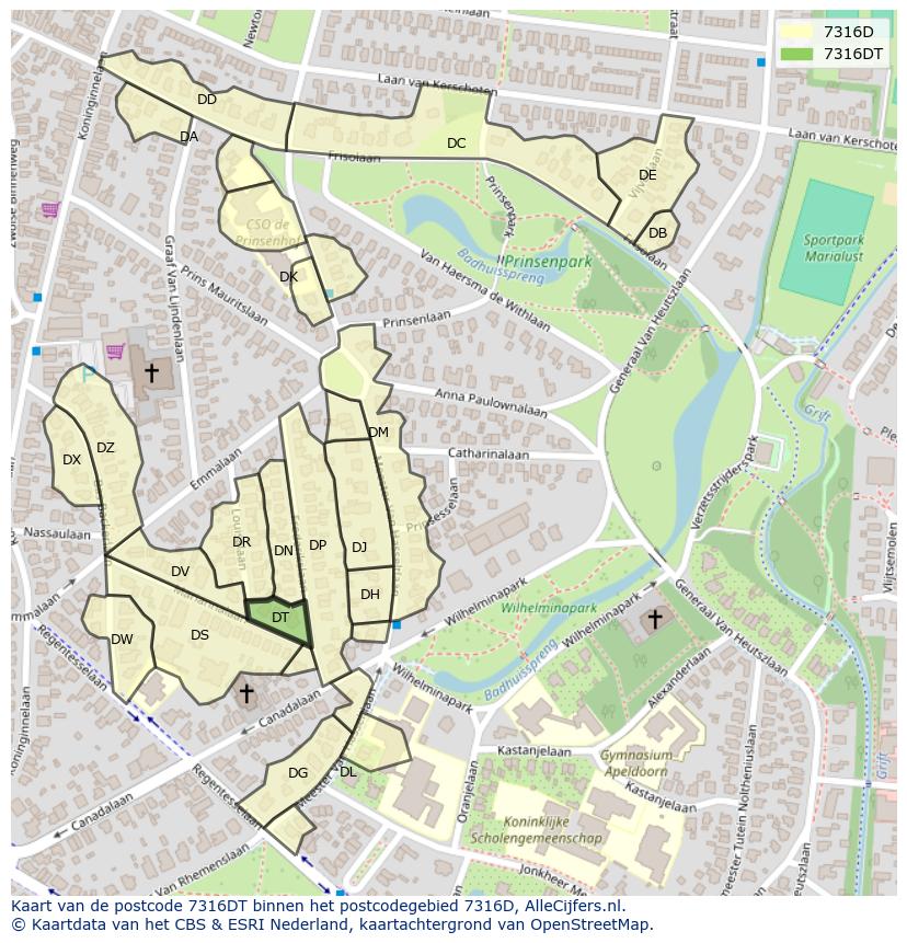 Afbeelding van het postcodegebied 7316 DT op de kaart.