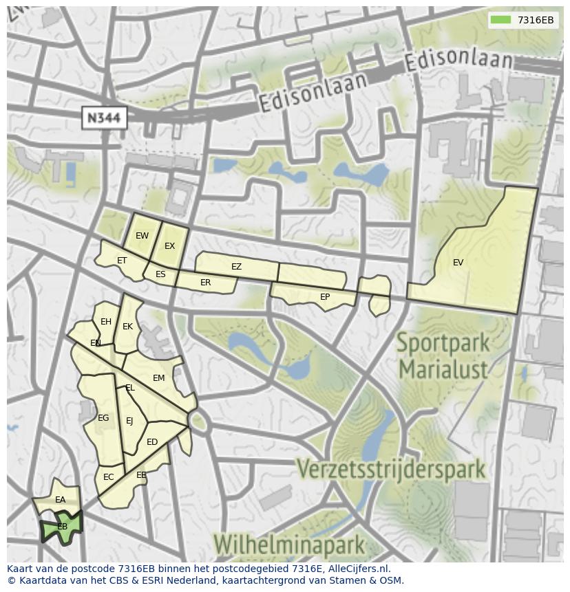 Afbeelding van het postcodegebied 7316 EB op de kaart.