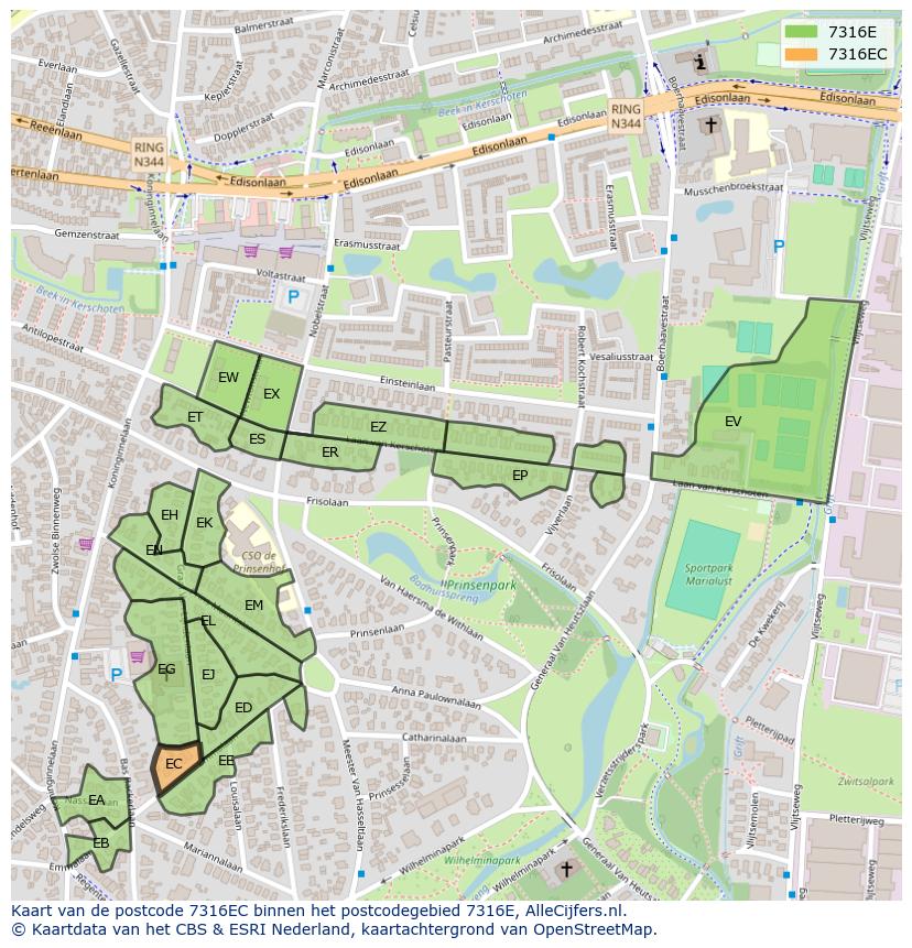 Afbeelding van het postcodegebied 7316 EC op de kaart.