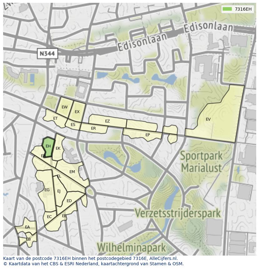 Afbeelding van het postcodegebied 7316 EH op de kaart.