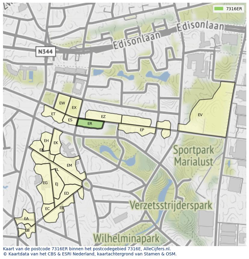 Afbeelding van het postcodegebied 7316 ER op de kaart.