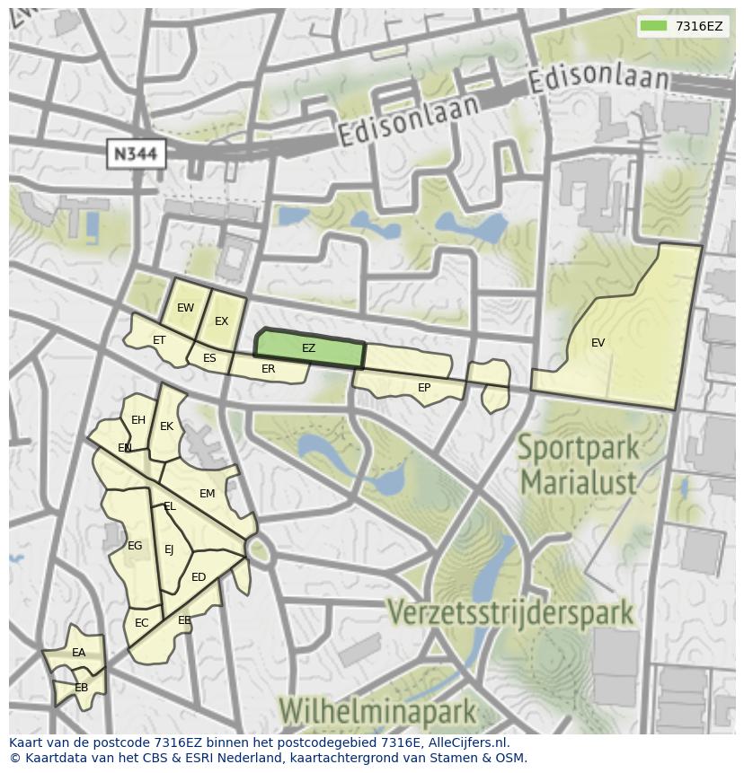Afbeelding van het postcodegebied 7316 EZ op de kaart.