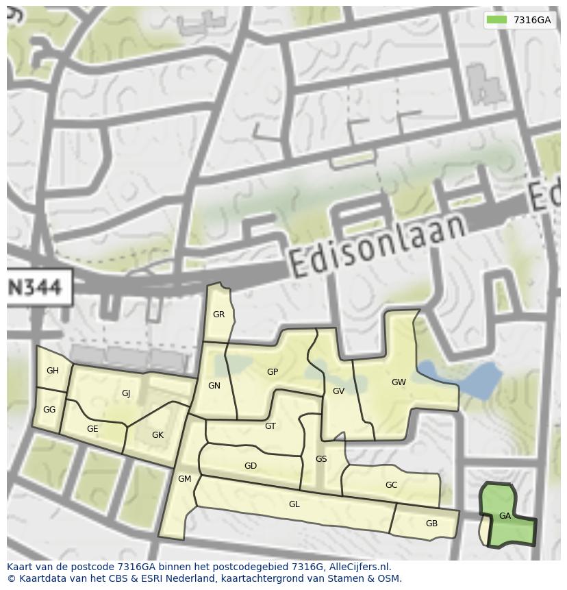 Afbeelding van het postcodegebied 7316 GA op de kaart.