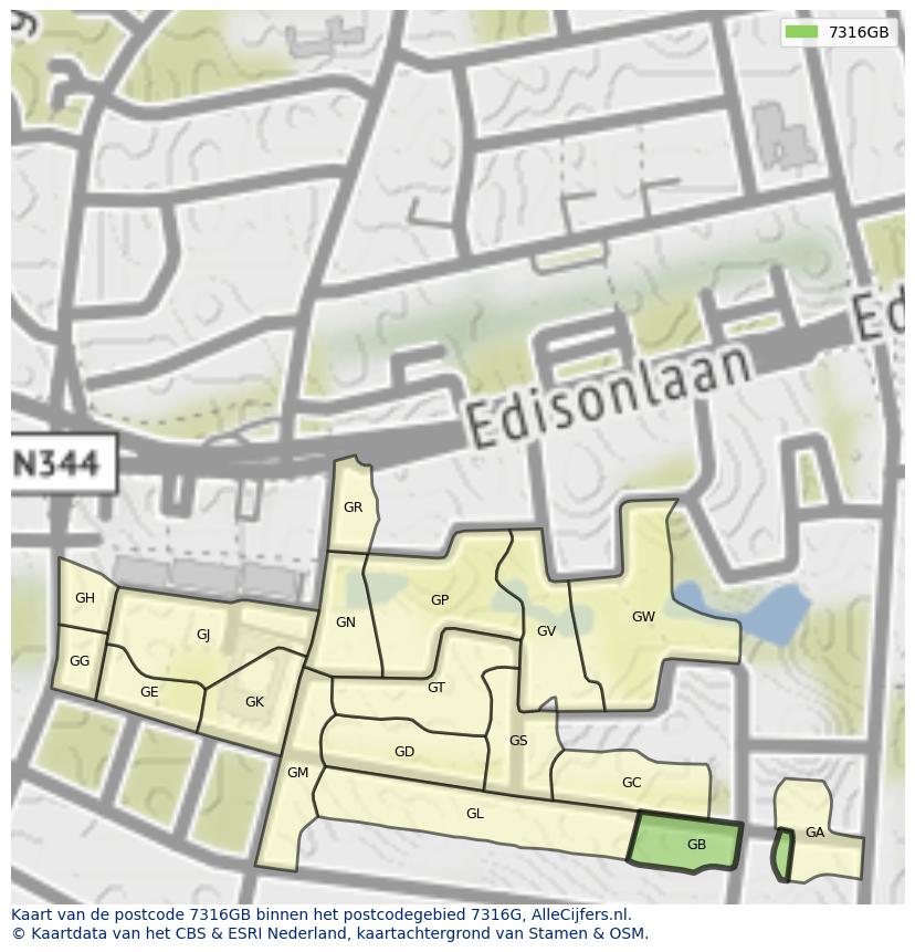 Afbeelding van het postcodegebied 7316 GB op de kaart.