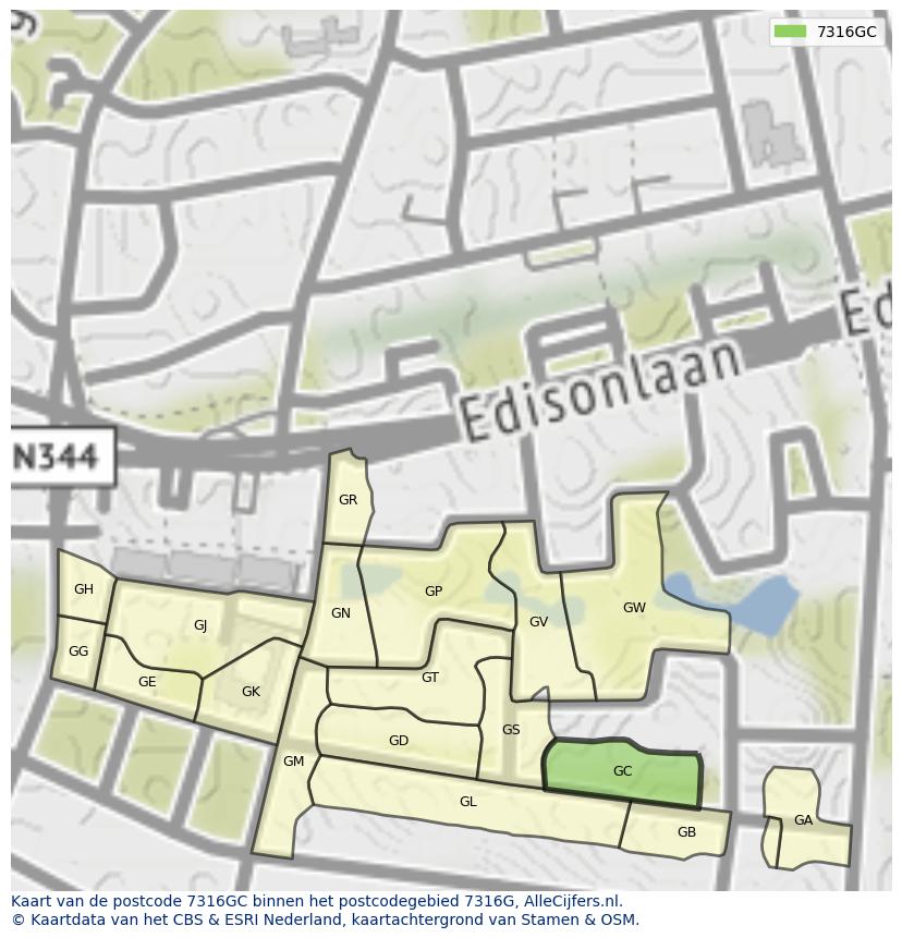 Afbeelding van het postcodegebied 7316 GC op de kaart.