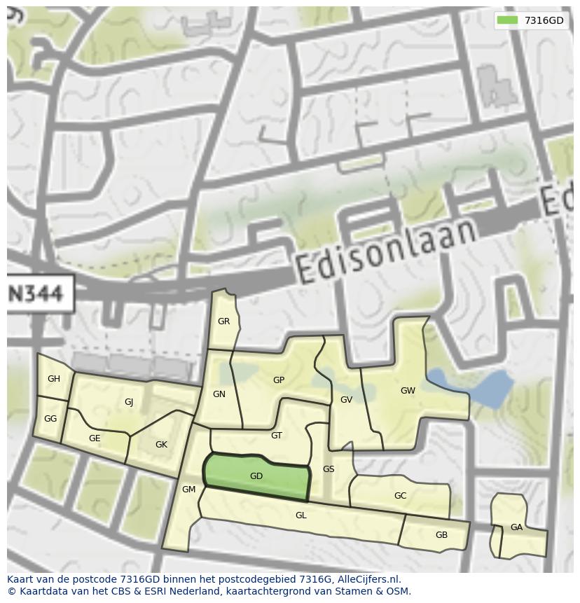 Afbeelding van het postcodegebied 7316 GD op de kaart.