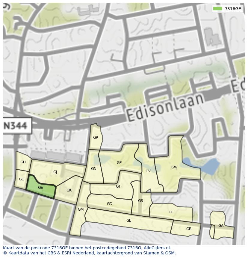 Afbeelding van het postcodegebied 7316 GE op de kaart.