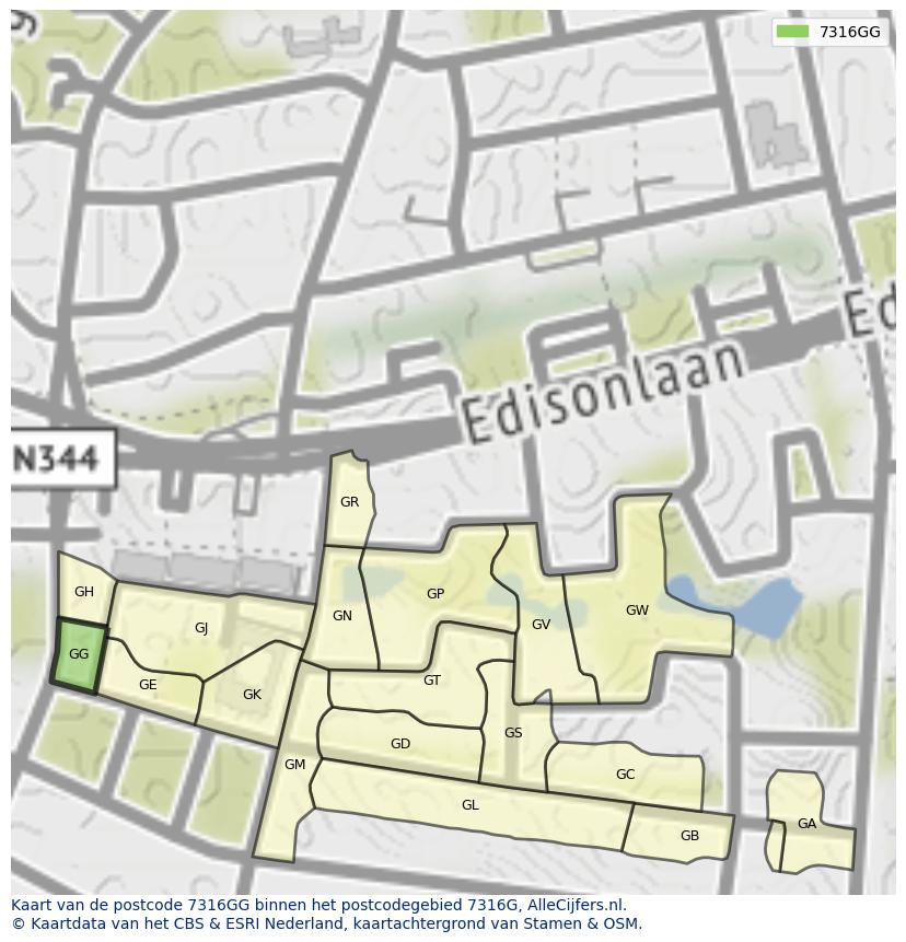 Afbeelding van het postcodegebied 7316 GG op de kaart.