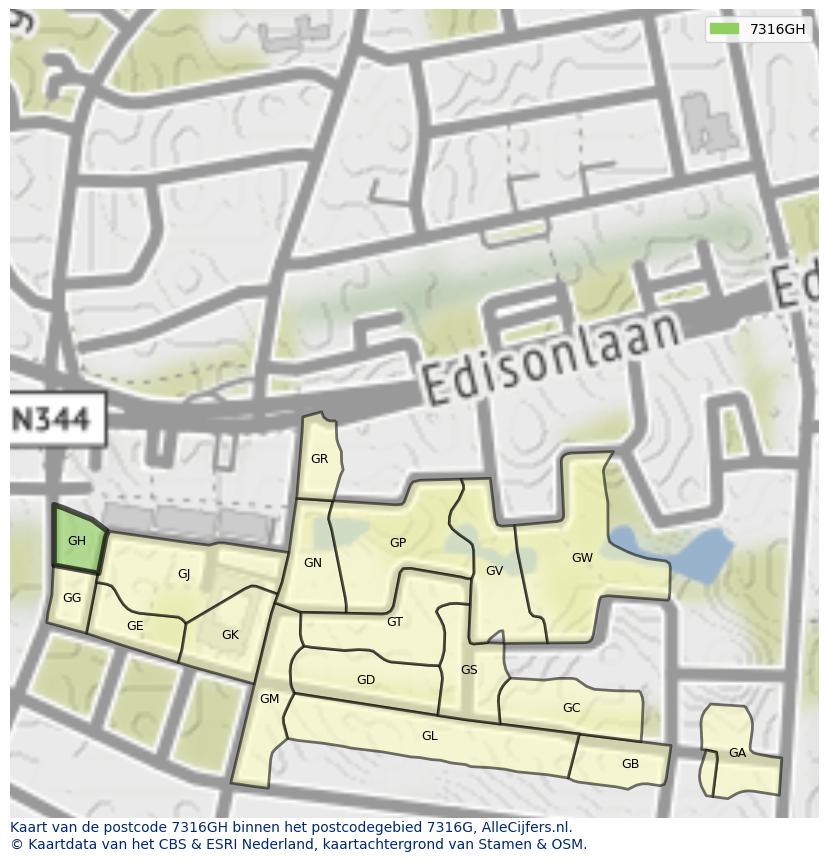 Afbeelding van het postcodegebied 7316 GH op de kaart.