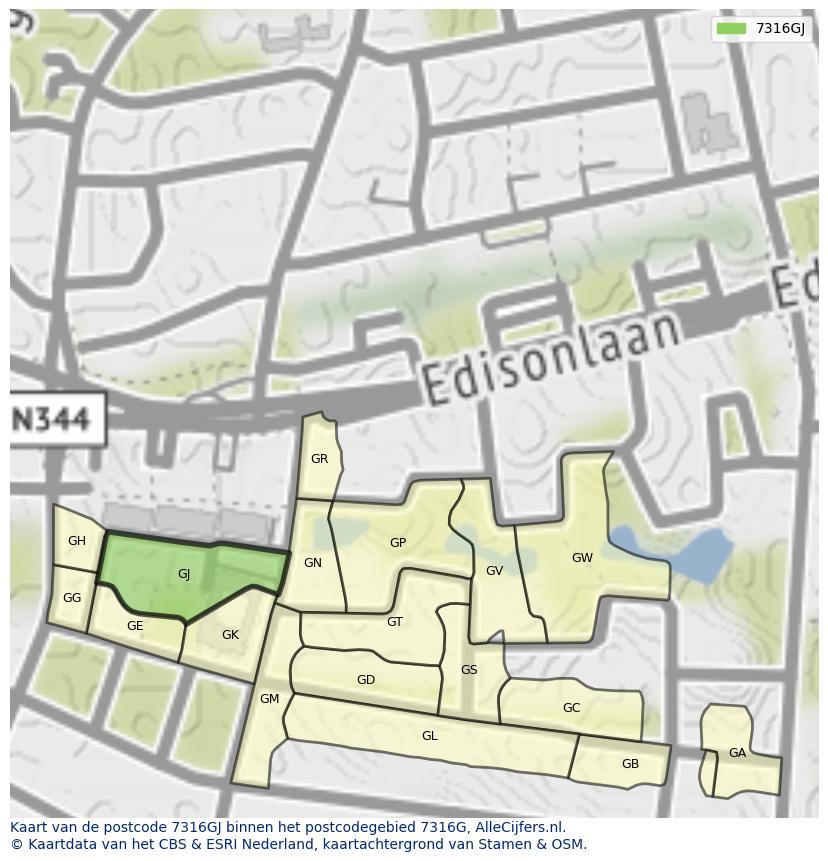 Afbeelding van het postcodegebied 7316 GJ op de kaart.