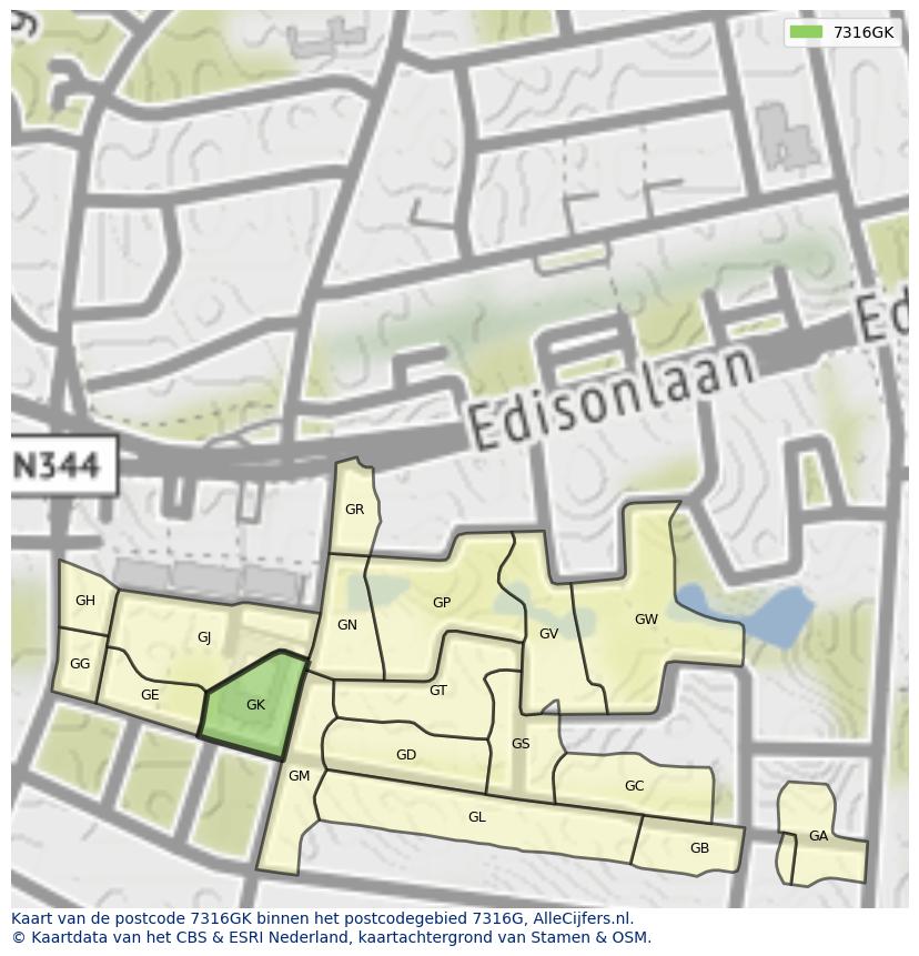 Afbeelding van het postcodegebied 7316 GK op de kaart.