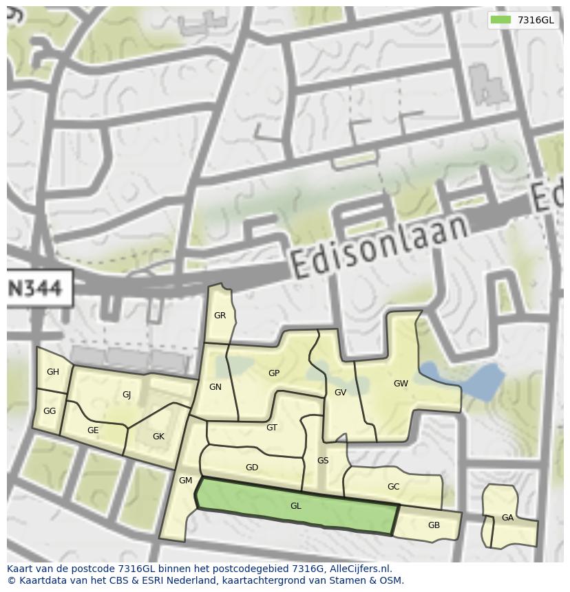 Afbeelding van het postcodegebied 7316 GL op de kaart.