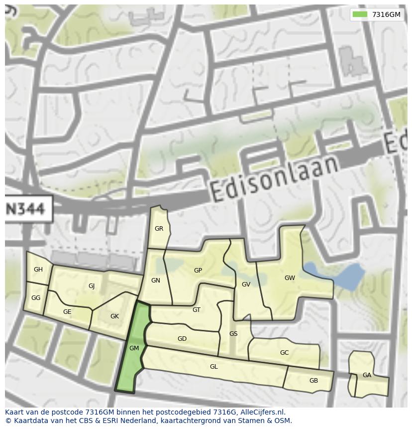 Afbeelding van het postcodegebied 7316 GM op de kaart.
