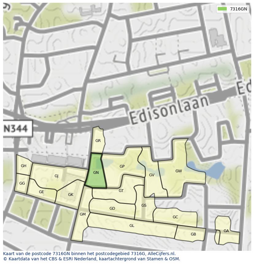 Afbeelding van het postcodegebied 7316 GN op de kaart.