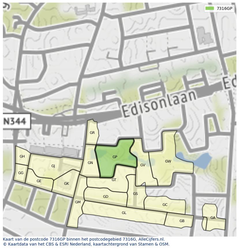 Afbeelding van het postcodegebied 7316 GP op de kaart.