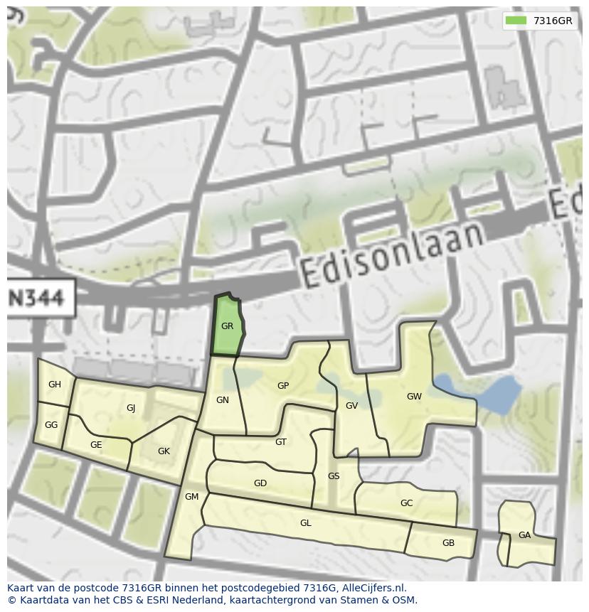 Afbeelding van het postcodegebied 7316 GR op de kaart.