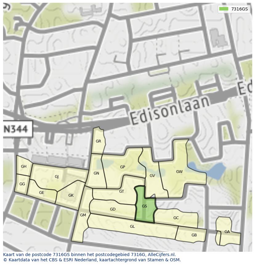 Afbeelding van het postcodegebied 7316 GS op de kaart.