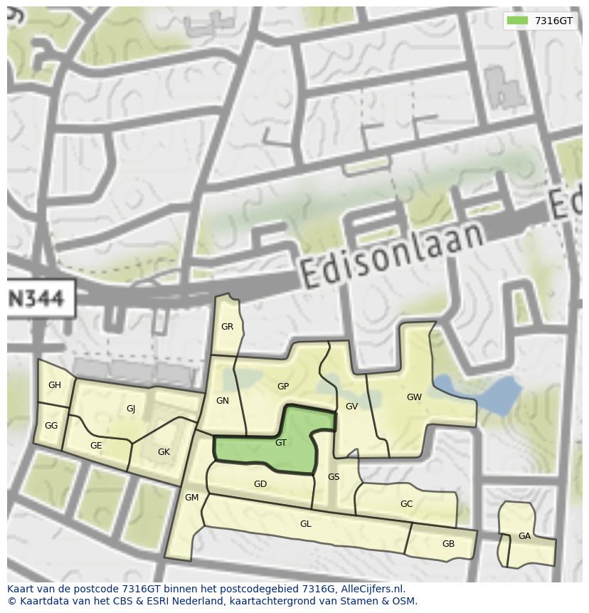 Afbeelding van het postcodegebied 7316 GT op de kaart.