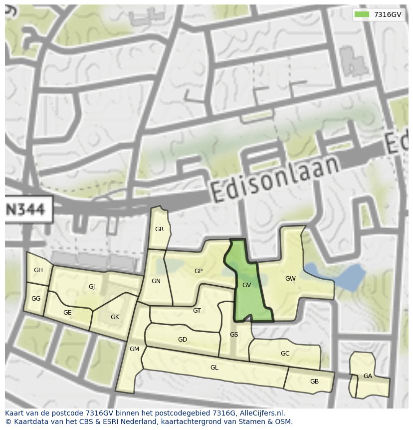 Afbeelding van het postcodegebied 7316 GV op de kaart.