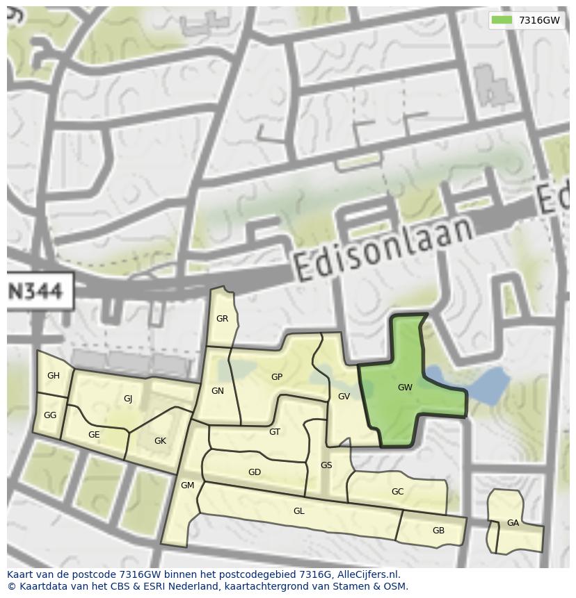 Afbeelding van het postcodegebied 7316 GW op de kaart.