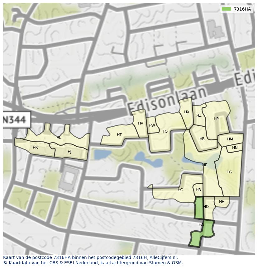 Afbeelding van het postcodegebied 7316 HA op de kaart.