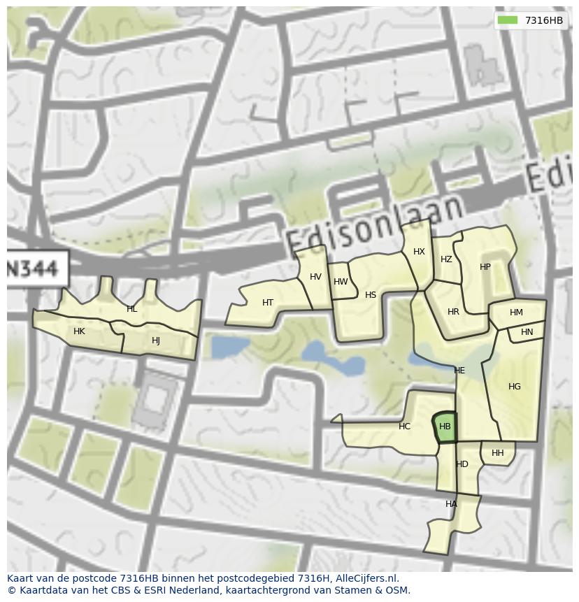 Afbeelding van het postcodegebied 7316 HB op de kaart.