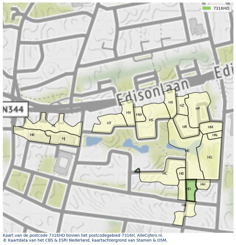 Afbeelding van het postcodegebied 7316 HD op de kaart.