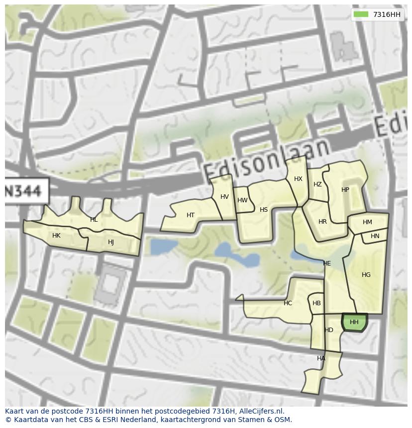 Afbeelding van het postcodegebied 7316 HH op de kaart.